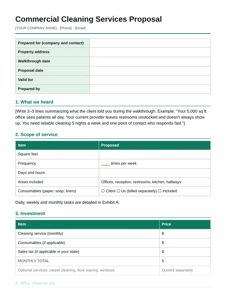 Commercial cleaning proposal in English