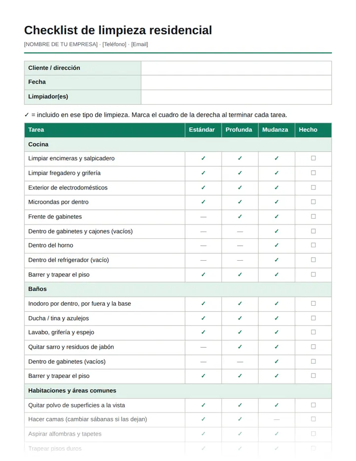 Vista previa: Checklist de limpieza residencial