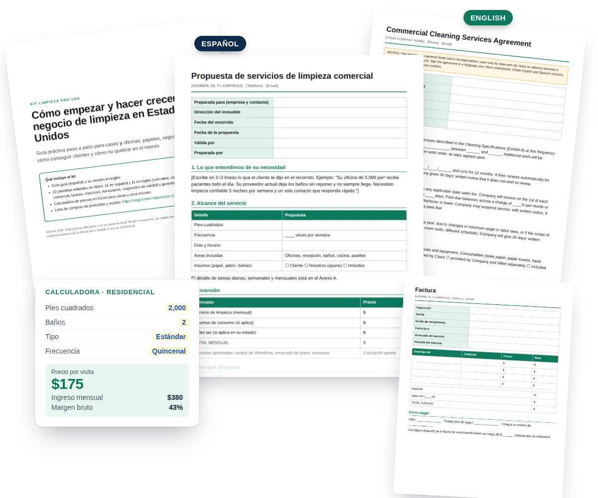Vista del kit: guía paso a paso, propuesta comercial en español, contrato comercial en inglés, factura y calculadora de precios